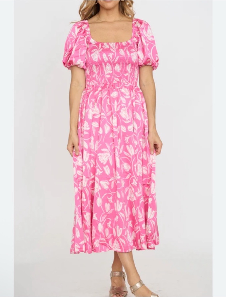 Moon River Pink Puff Sleeve Midi Dress
